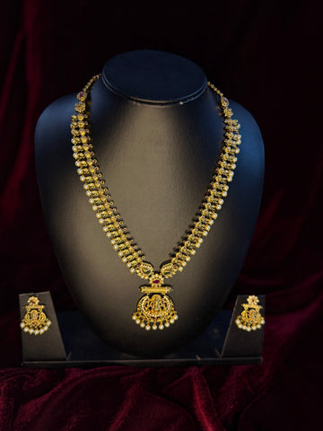 One Gram Gold Lakshmi Temple Necklace Set with Pearl Drops