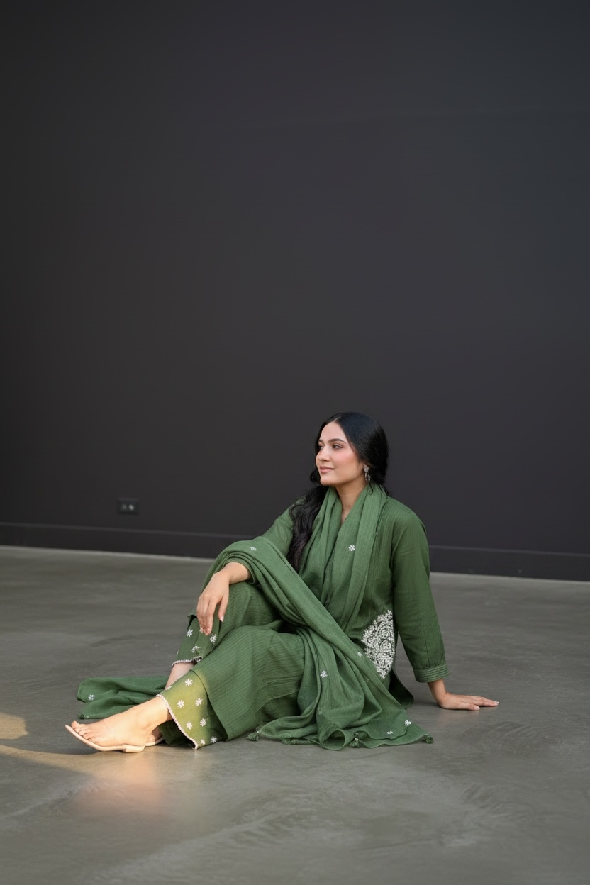 Olive Green Embroidered Kurta Set with Dupatta