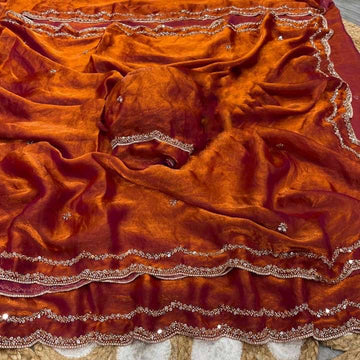 Pure Soft Fancy Satin Silk Saree with Rose Gold Beads Handwork & Cutwork Border