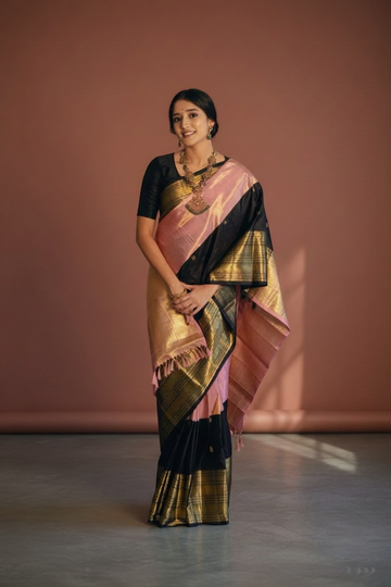 Royal Pink & Black Banarasi Semi Kataan Silk Saree ✨