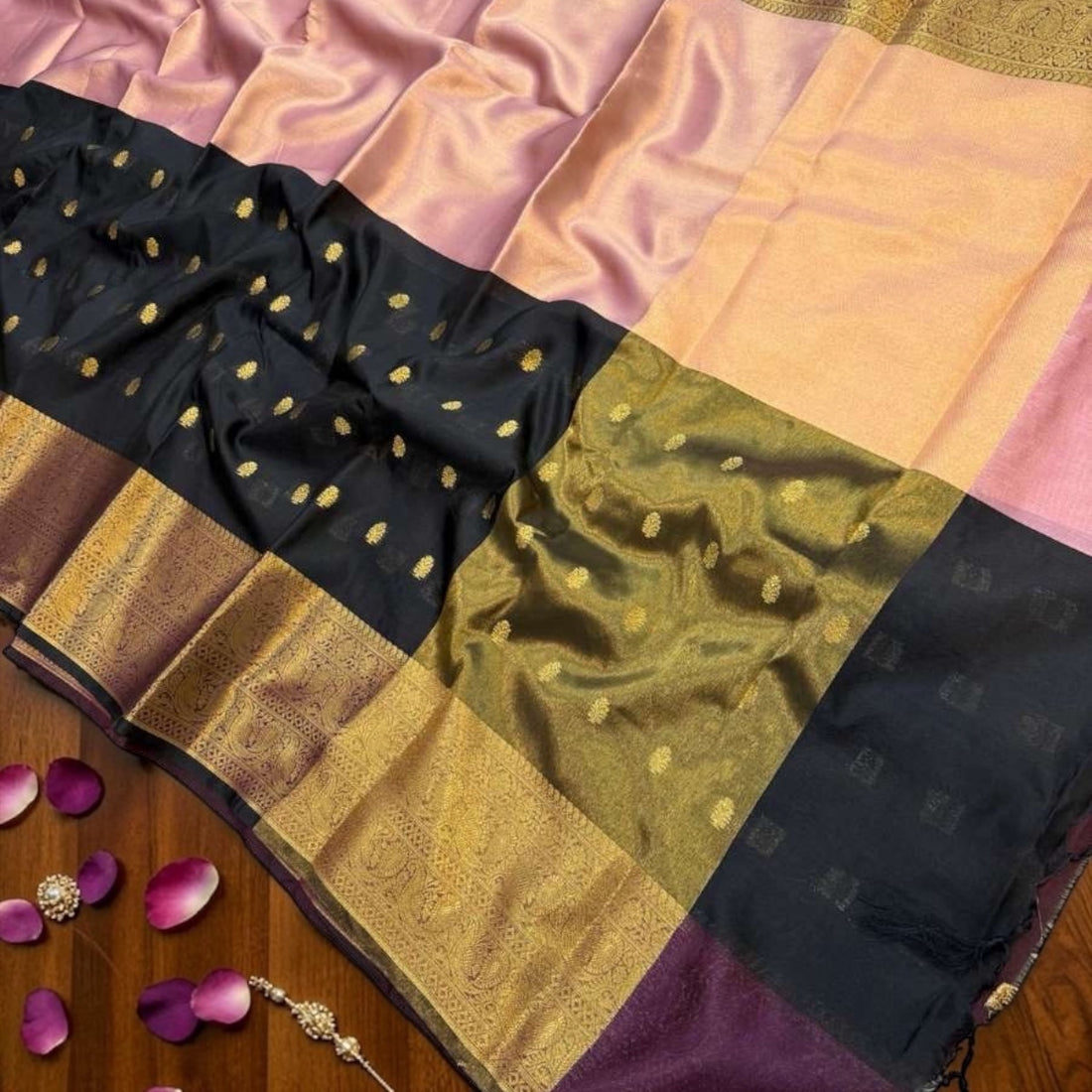 Royal Pink & Black Banarasi Semi Kataan Silk Saree ✨