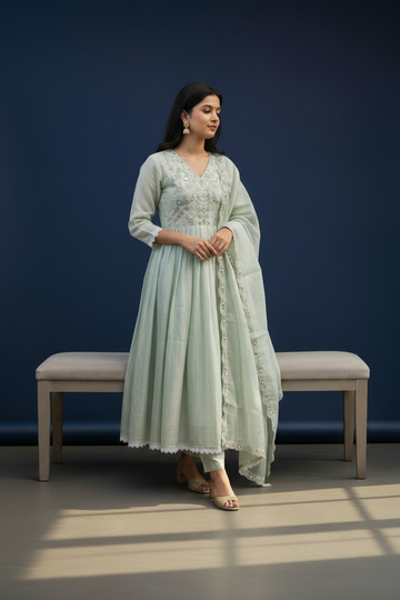 Premium Kota Checks Embroidered Ghera Suit Set with Dupatta