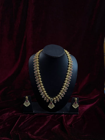 Royal One Gram Gold Ruby Leaf Necklace Set with Pearl Drops