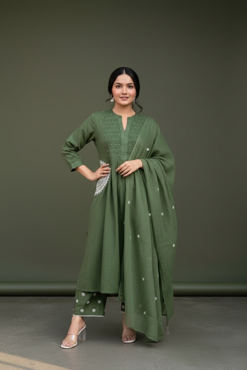 Olive Green Embroidered Kurta Set with Dupatta