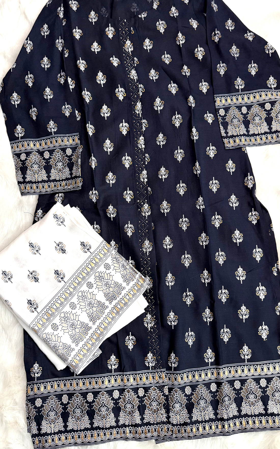 Navy Blue Printed Kurta Set with Contrast Dupatta