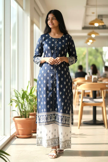 Navy Blue Printed Kurta Set with Contrast Dupatta