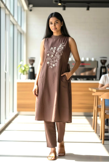 Earthy Brown Embroidered Sleeveless Kurta Set