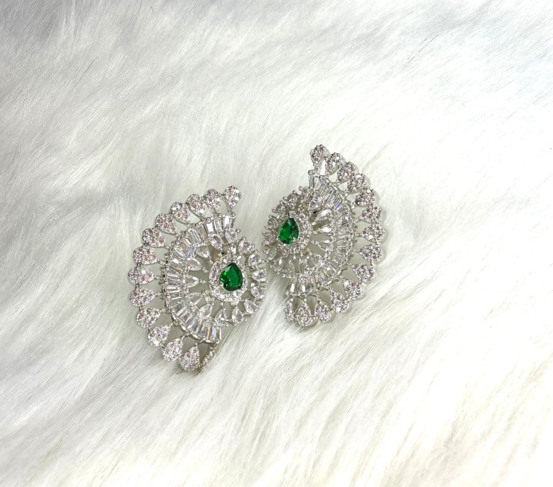 Elegant Green Stone Crystal Stud Earrings in Silver Finish