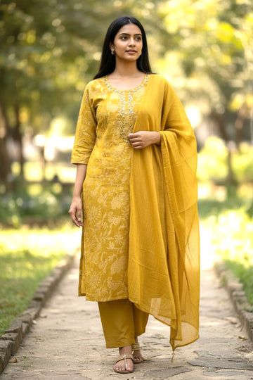 Mustard Yellow Embroidered Mirror Work 3-Piece Suit Set