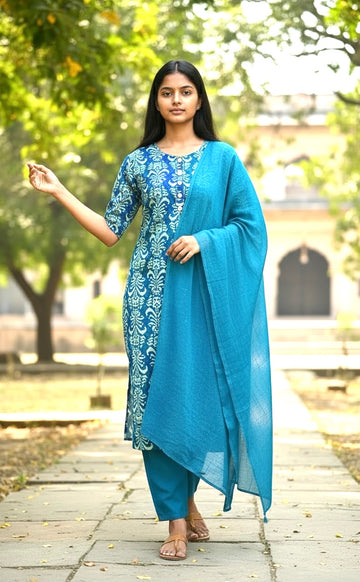 Teal Blue Printed 3-Piece Kurta Set with Dupatta
