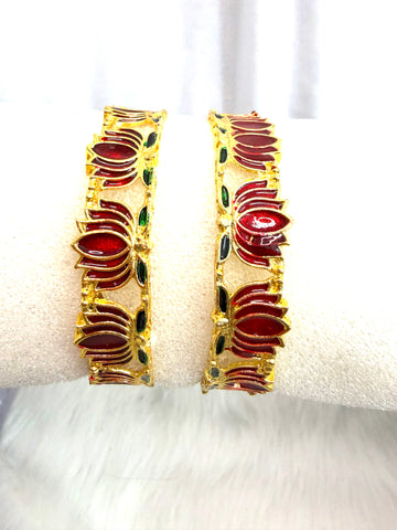 Traditional Gold Tone Bangles with Red & Green Enamel Work