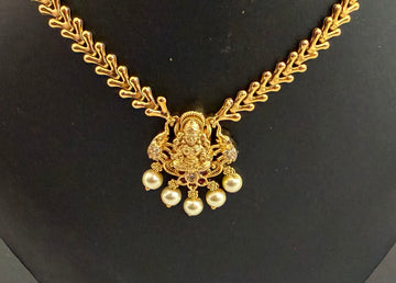 Temple Design Gold-Tone Necklace Set with Goddess Pendant & Pearl Drops