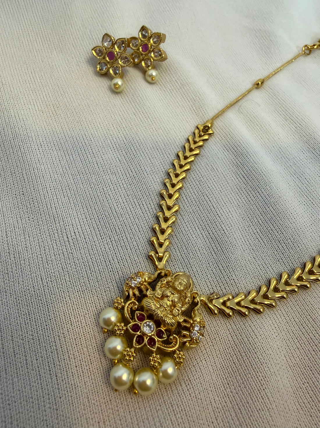 Temple Design Gold-Tone Necklace Set with Goddess Pendant & Pearl Drops
