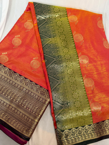 Elegant Orange & Green Silk Saree with Traditional Zari Border