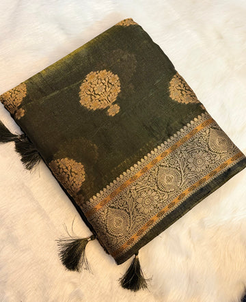 Elegant Handwoven Silk Saree – Deep Olive with Antique Gold Zari
