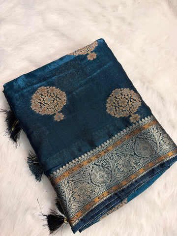 Royal Teal Handwoven Silk Saree with Silver-Gold Zari