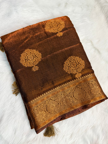 Rust Brown Handwoven Silk Saree with Antique Gold Zari