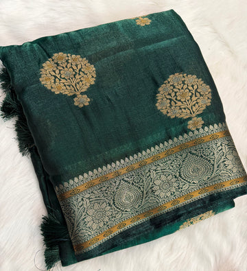 Emerald Green Handwoven Silk Saree with Antique Zari