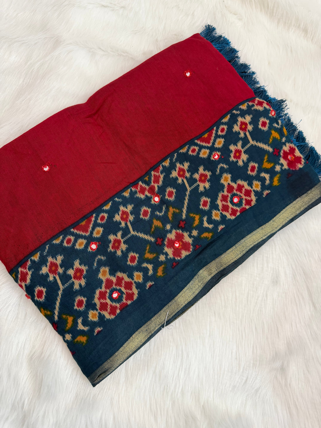 Elegant Red Handwoven Dupatta with Floral Ikat Border & Mirror Work