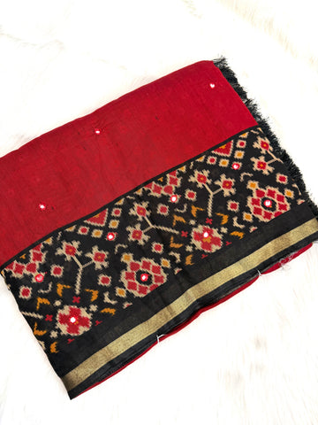 Elegant Red Handwoven Dupatta with Floral Ikat Border & Mirror Work