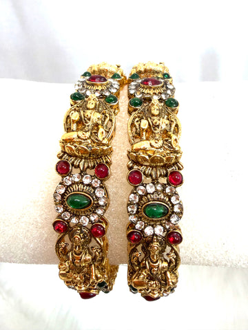 Temple Design Gold-Plated Lakshmi Bangles with Kundan & Stone Work