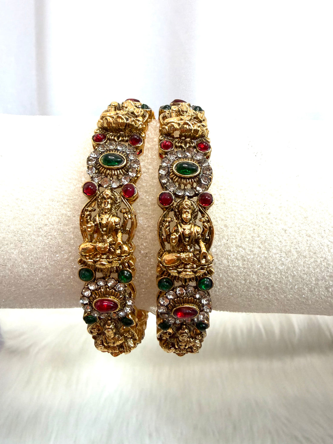 Temple Design Gold-Plated Lakshmi Bangles with Kundan & Stone Work