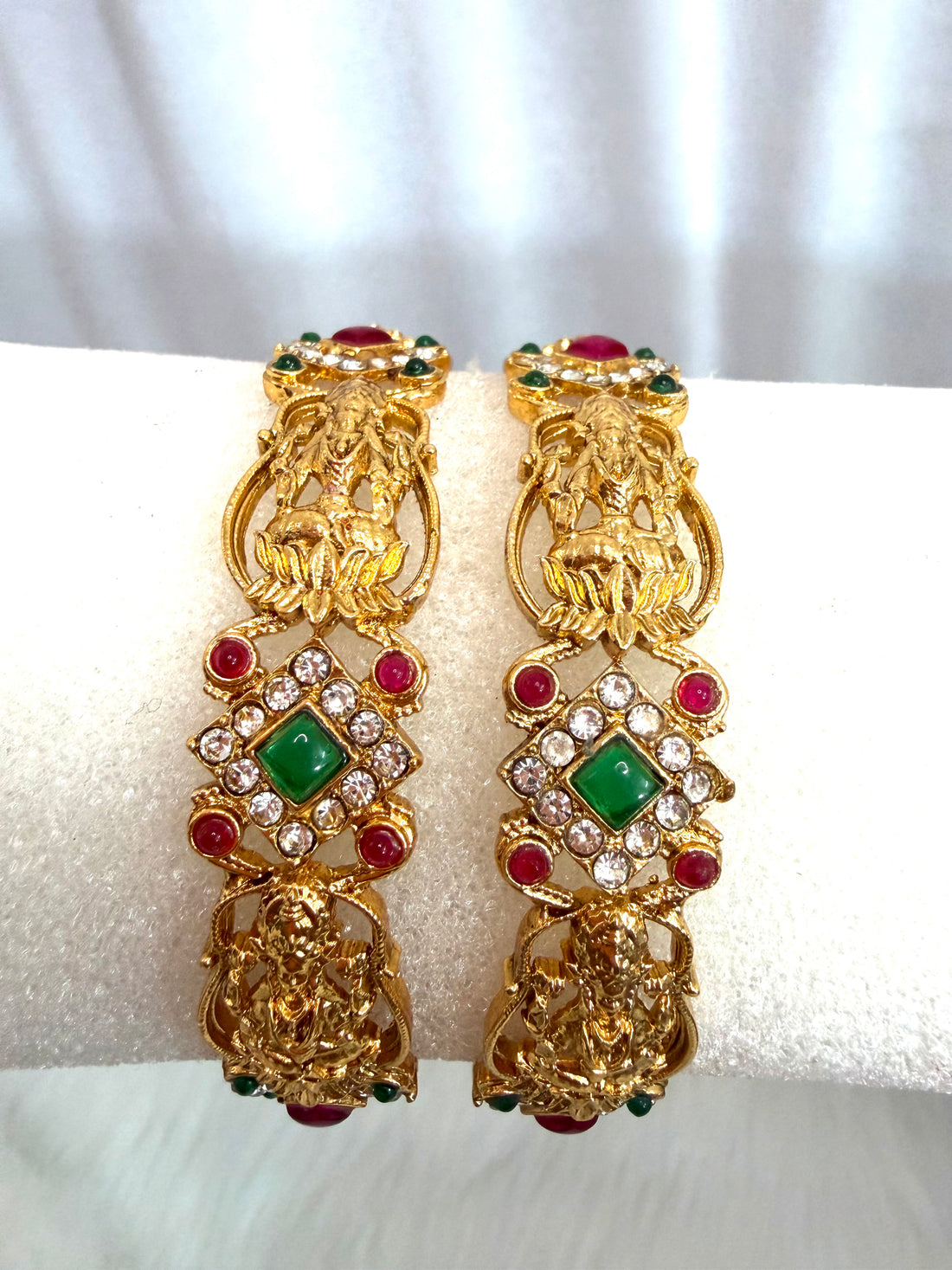 Temple Lakshmi Antique Gold Bangles with Kundan Stones