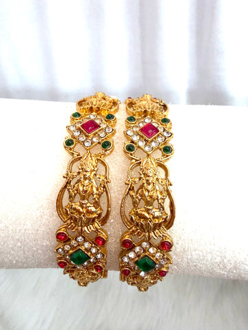 Temple Lakshmi Antique Gold Bangles with Kundan Stones