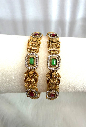 Antique Lakshmi Temple Bangles with Ruby & Emerald Kundan Stones