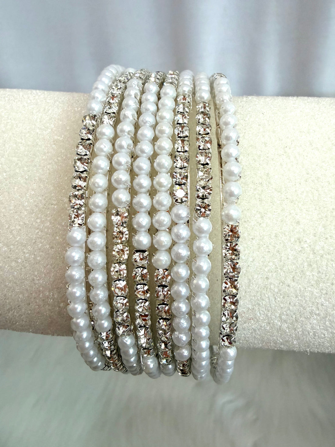 Pearl & Champagne Crystal Layered Bangles Set