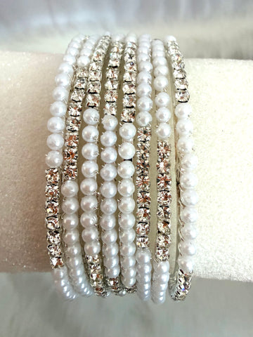 Pearl & Champagne Crystal Layered Bangles Set