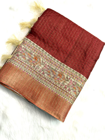 Rust Red Saree with Printed Madhubani Border & Tassels