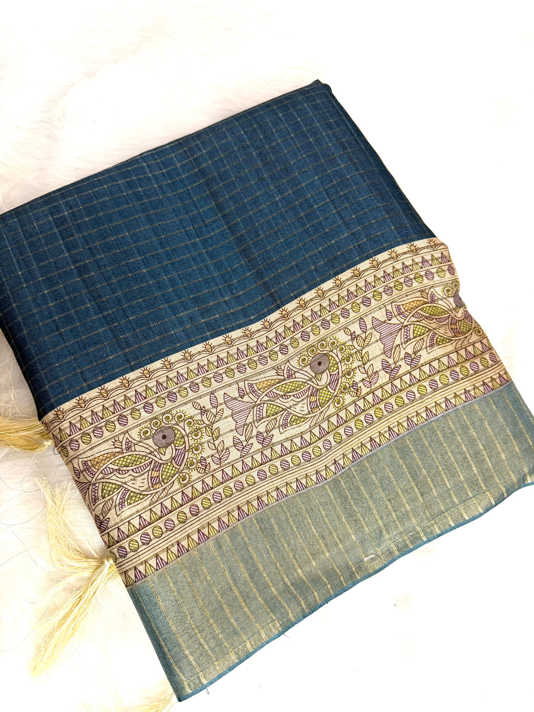 Rust Red Saree with Printed Madhubani Border & Tassels