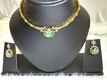 Elegant Green Stone Gold-Plated Necklace Set with Crystal Detailing