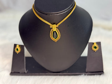Traditional Green Stone Gold-Plated Pendant Necklace with Matching Stud Earrings