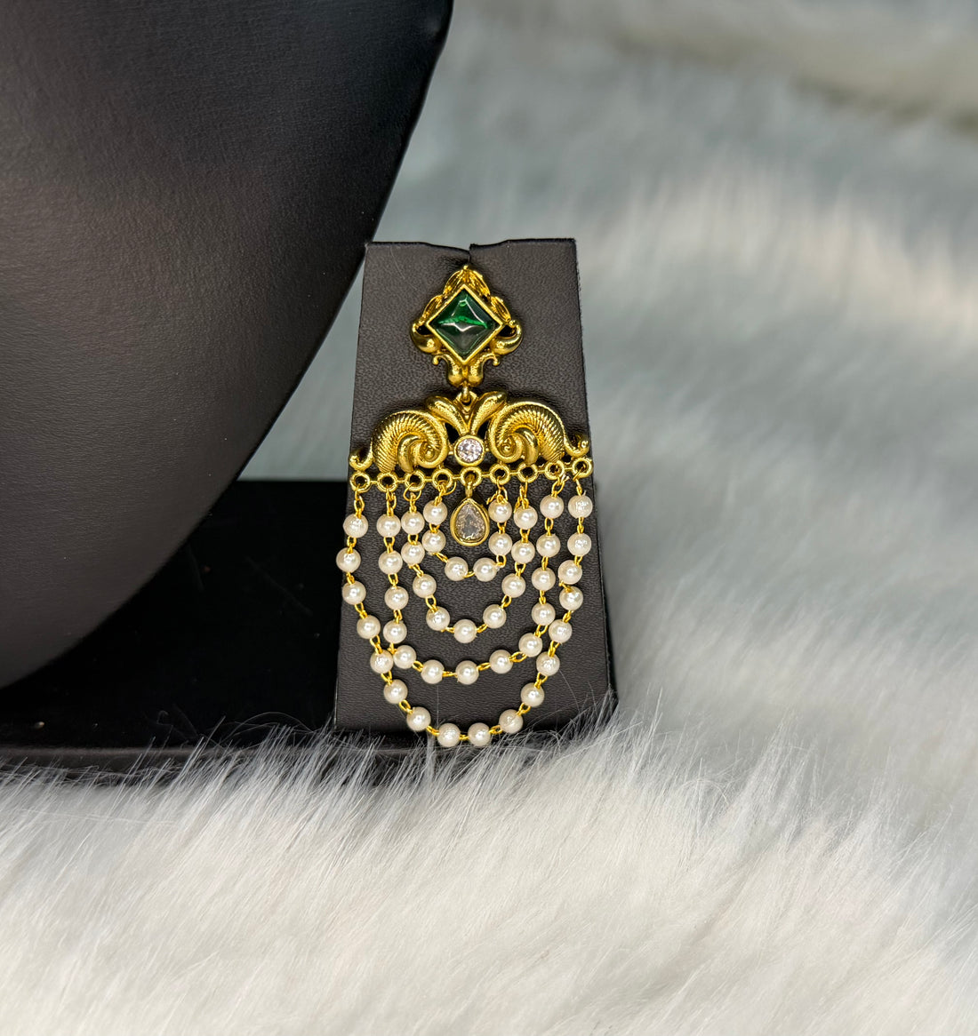 Elegant Gold-Tone Green Stone & Pearl Cascade Statement Earrings