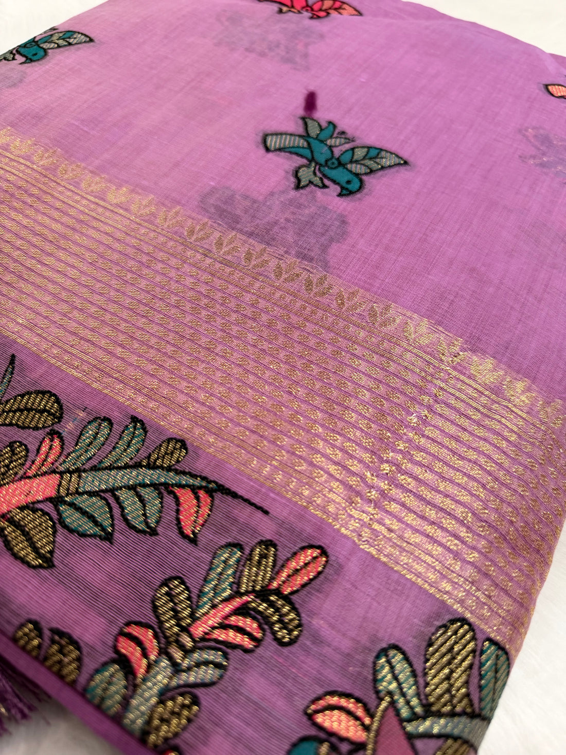 Cotton saree with katha & minakari work, finished with an Zari border