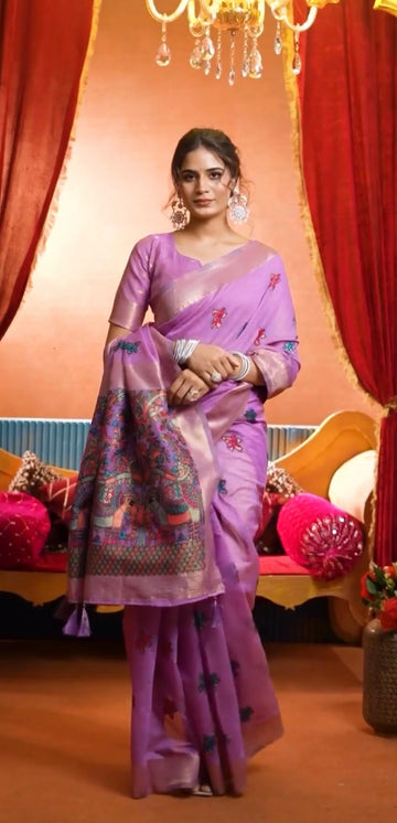 Cotton saree with katha & minakari work, finished with an Zari border