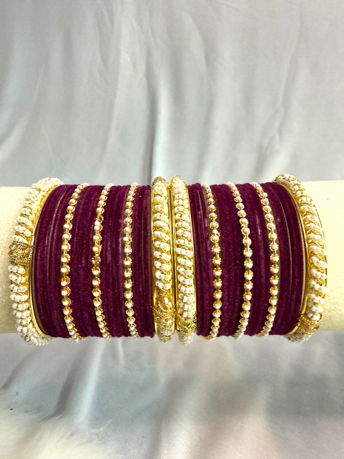 Velvet Bangles Set with Pearl & Gold Finish