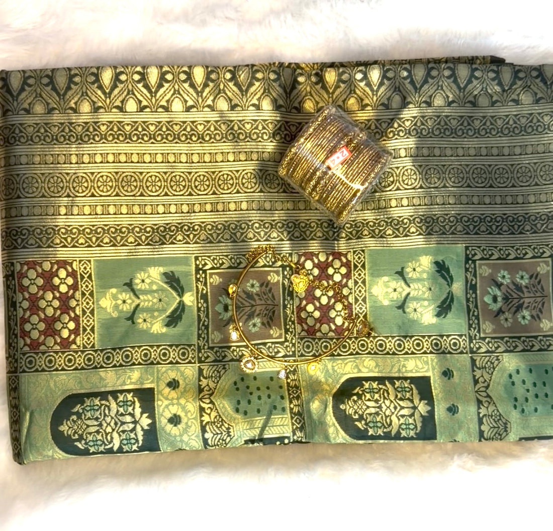 Day 1 Combo Set – Banarasi Silk Saree with Choker Set & Threadwork Bangles