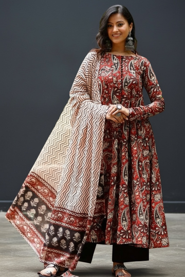 Rust Red Printed Anarkali 3-Piece Set