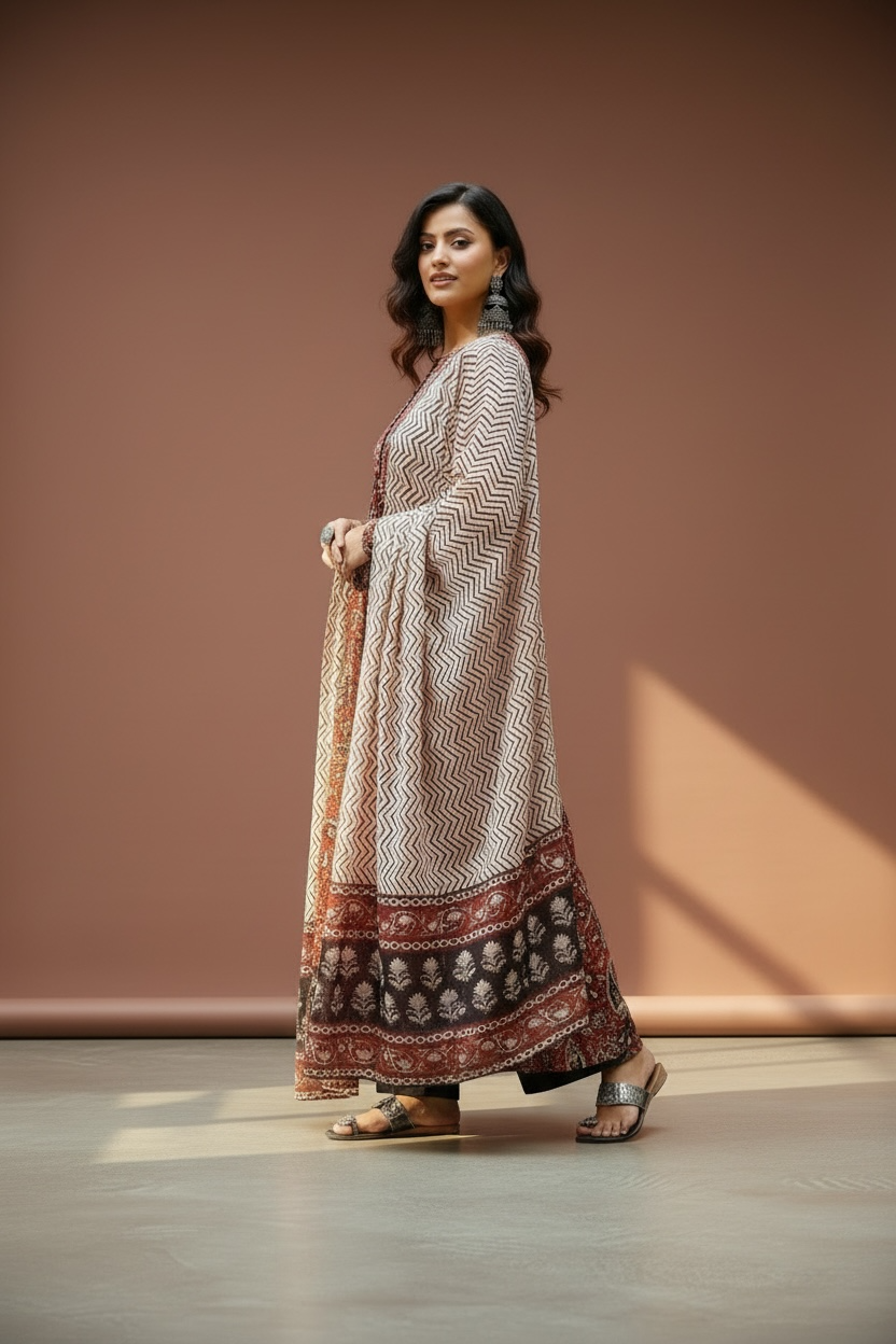 Rust Red Printed Anarkali 3-Piece Set