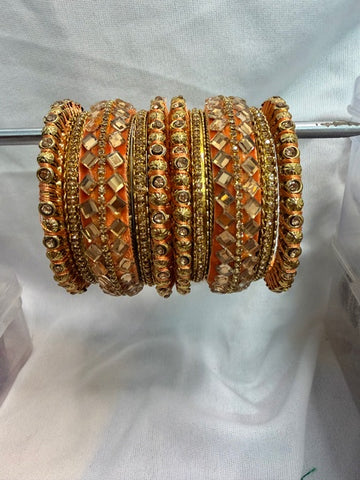 Elegant Peach & Gold Embellished Bridal Bangle Set