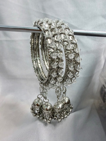 Crystal Beaded Jhumka Bangles Silver-Tone Ethnic Charm Set