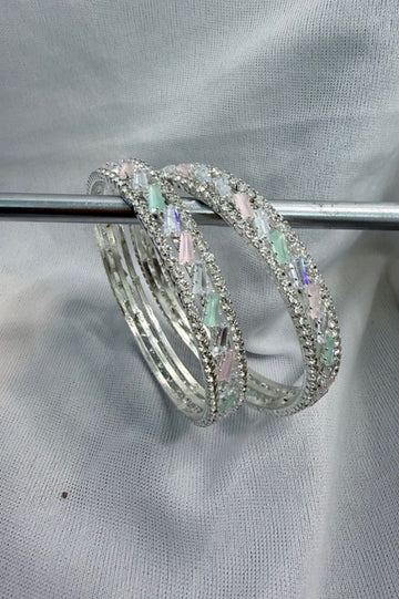 Pastel Sparkle Crystal Bangles Elegant Silver-Tone Statement Set