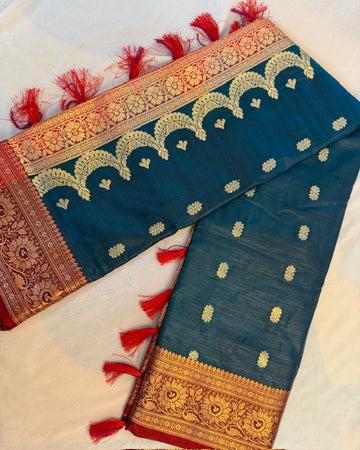Elegant Teal Blue & Red Zari Woven Silk Saree