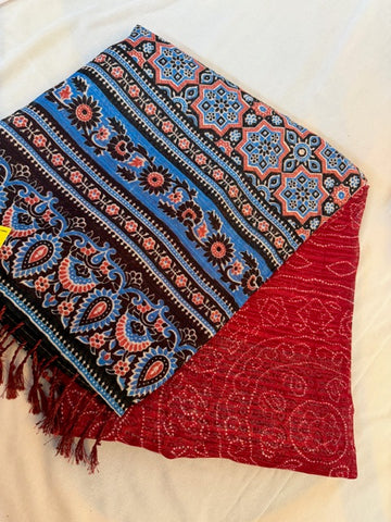 Blue & Red Ethnic Floral Scarf with Red Base