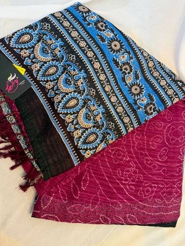 Blue & Beige Floral Ethnic Scarf with Maroon Base