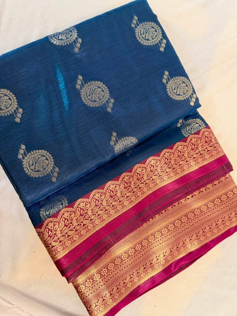 Royal Blue Silk Saree with Pink & Gold Zari Border