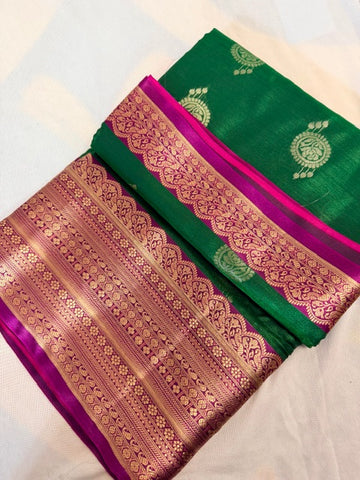 Elegant Green Silk Saree with Magenta & Gold Zari Border